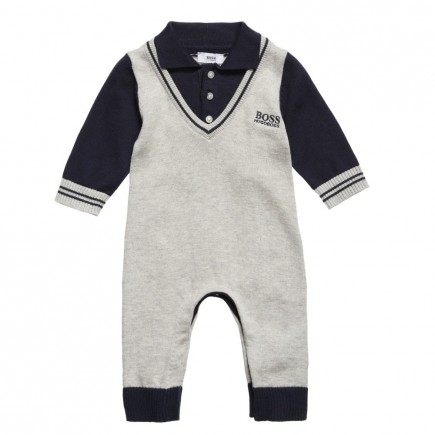 BOSS Boys Grey & Navy Blue Fine Knit Babygrow