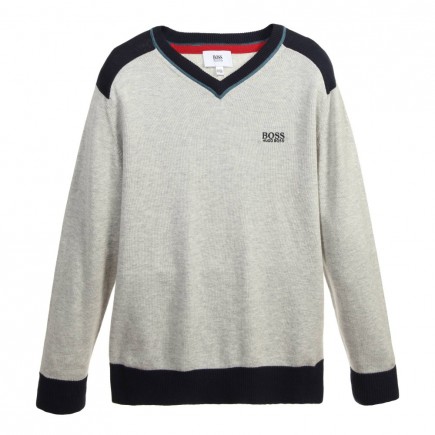 BOSS Boys Grey V-Neck Cotton Knit Sweater