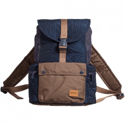 BOSS Boys Navy Blue & Brown Quilted Backpack with Canvas Trims (33cm)