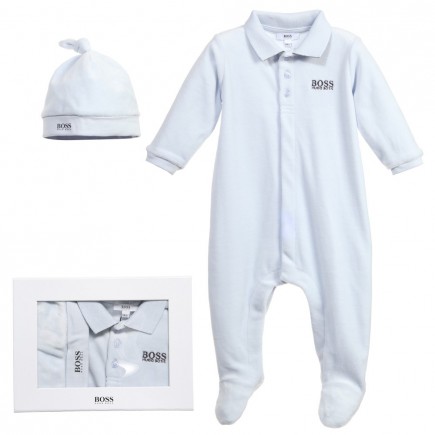 BOSS Boys Pale Blue Velour Babygrow & Hat Gift Set