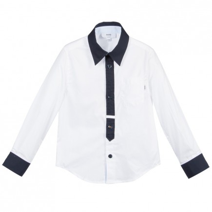 BOSS Boys White Cotton Shirt with Navy Blue Trims