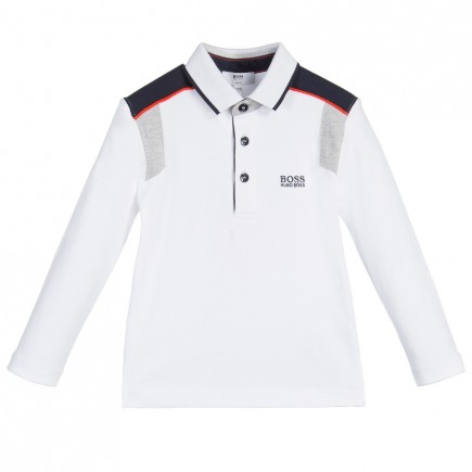 BOSS Boys White Polo Shirt with Navy Blue Trims