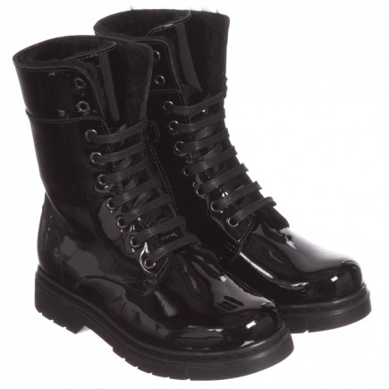 DOLCE & GABBANA Black Leather Patent Boots with Fur Lining