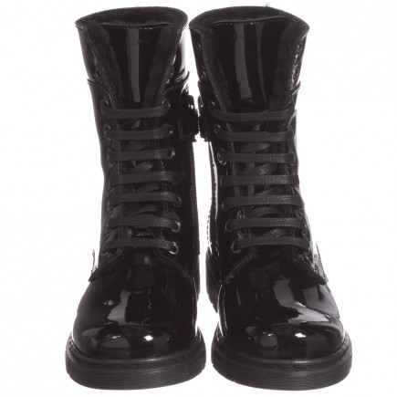 DOLCE & GABBANA Black Leather Patent Boots with Fur Lining