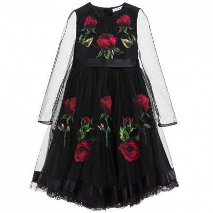 DOLCE & GABBANA Black Tulle & Silk Dress with Rose Print