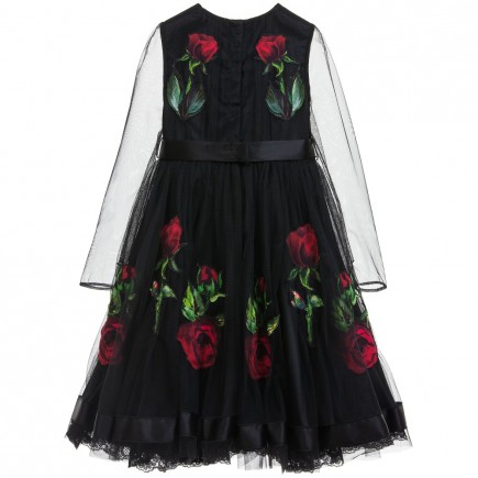 DOLCE & GABBANA Black Tulle & Silk Dress with Rose Print