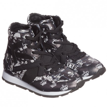 DOLCE & GABBANA Boys Black Leather Printed Trainers