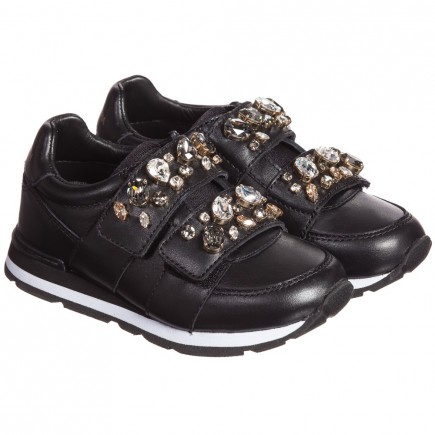 DOLCE & GABBANA Girls Black Leather Trainers with Jewels