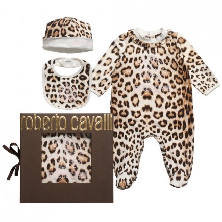 ROBERTO CAVALLI 'Brown Leopard' Babygrow, Hat & Bib Set