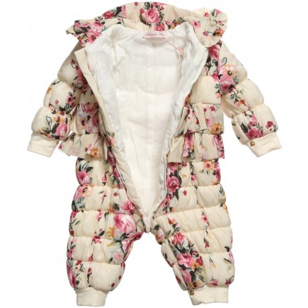 MISS BLUMARINE Baby Girl Floral Print Hooded Snowsuit