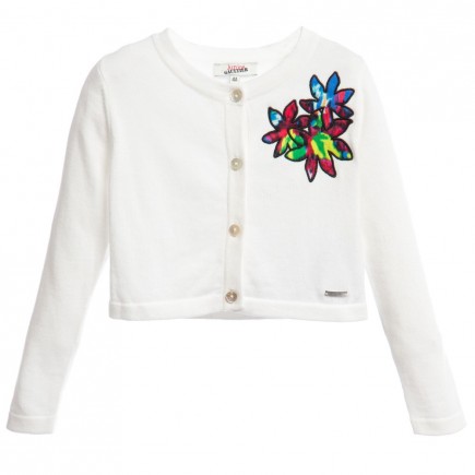 JUNIOR GAULTIER Ivory Cotton Knit Cardigan with Floral Patch