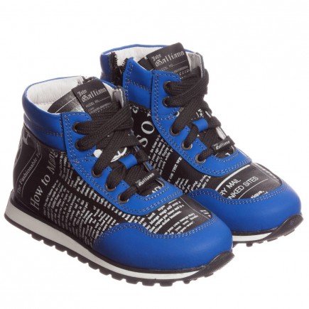 JOHN GALLIANO Boys Black Leather High-Top Trainers with Blue