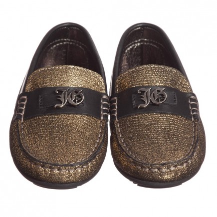 JOHN GALLIANO Boys Gold Glitter Leather Moccasin Shoes