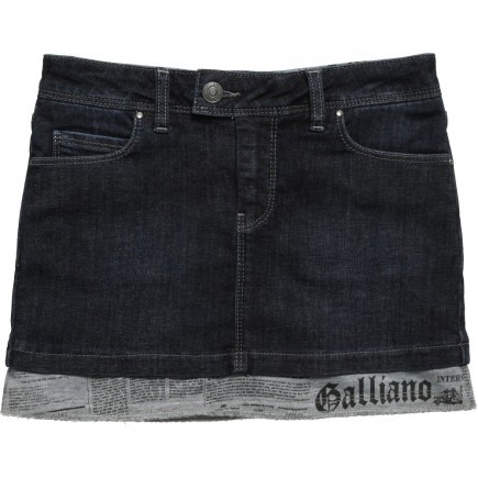 JOHN GALLIANO Denim Skirt with Gazette Trim & Diamante Logo