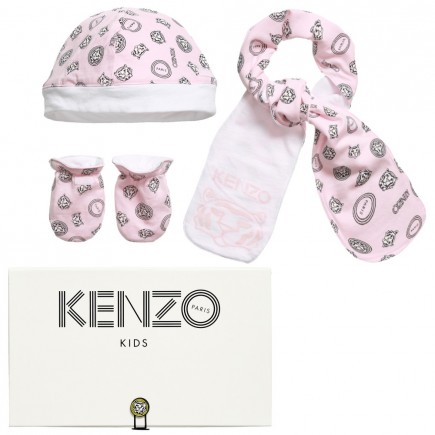 KENZO Baby Girls Pink Hat, Mittens & Scarf Gift Set