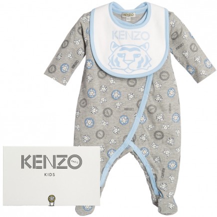 KENZO Boys Grey & Blue Tiger Babygrow & Bib Set
