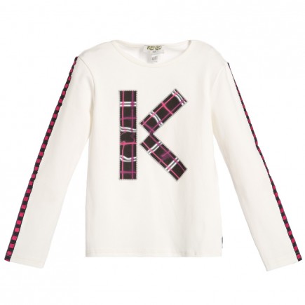 KENZO Girls Ivory Top with Pink 'Neon Check' Trims