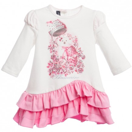 MISS BLUMARINE Baby Girls Ivory Dress with Pink Ruffle Skirt