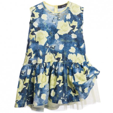 MISS BLUMARINE Blue Jersey Dress with Yellow Rose Print