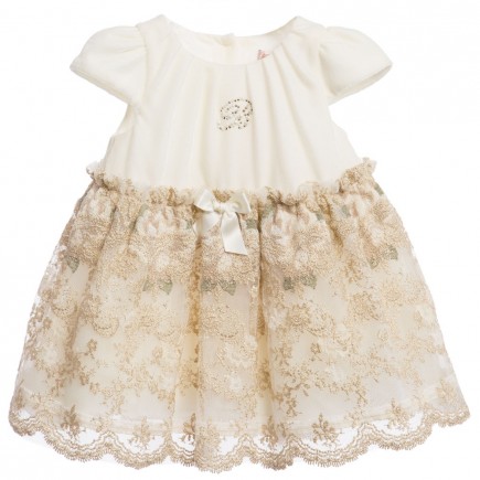  MISS BLUMARINE Baby Girls Ivory Dress with Gold Lace Skirt