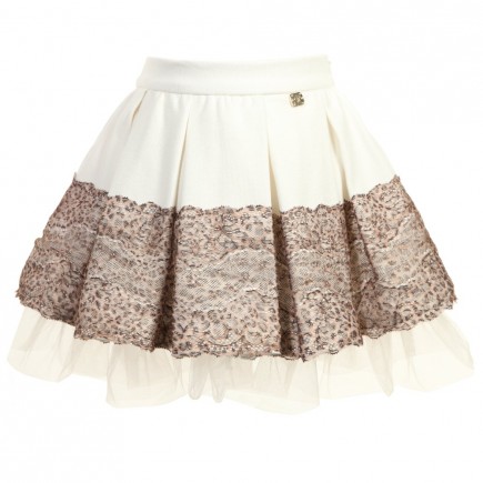 MISS BLUMARINE Ivory Skirt with Leopard Lace Trim