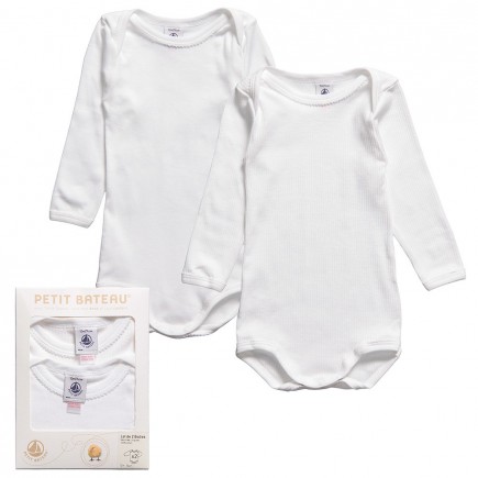 PETIT BATEAU White Cotton Long Sleeve Bodysuits (2 Pack)