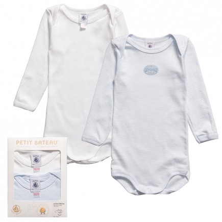 PETIT BATEAU Blue & White Cotton Long Sleeve Bodysuits (2 Pack)