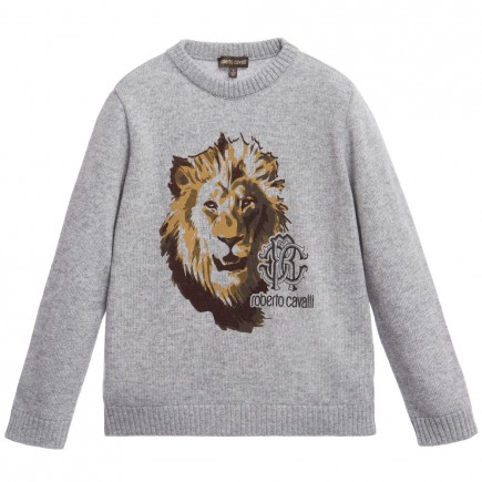 ROBERTO CAVALLI Boys Grey Knitted Lion Sweater
