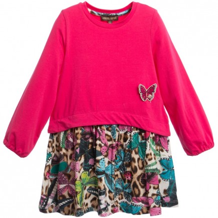 ROBERTO CAVALLI Pink Jersey Dress with Butterfly Print Skirt