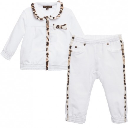 ROBERTO CAVALLI Baby Girls White Trouser Set with Leopard Trim