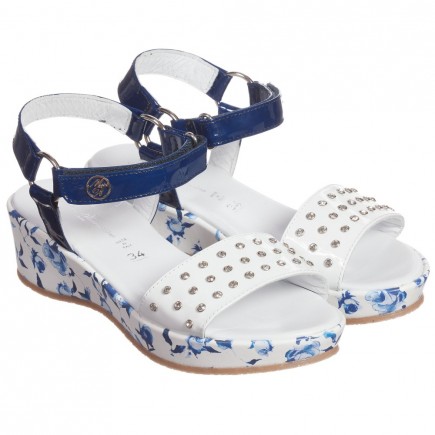 MISS BLUMARINE Blue & White Floral Leather Wedge Sandals