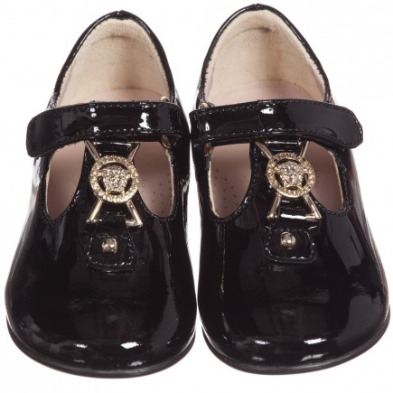 YOUNG VERSACE Baby Girls Black Patent First Walker Bar Shoes