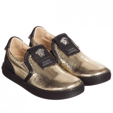 YOUNG VERSACE Boys Metallic Gold & Black Leather Shoes