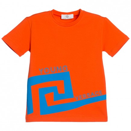 YOUNG VERSACE Boys Orange & Blue Cotton Jersey Logo T-Shirt