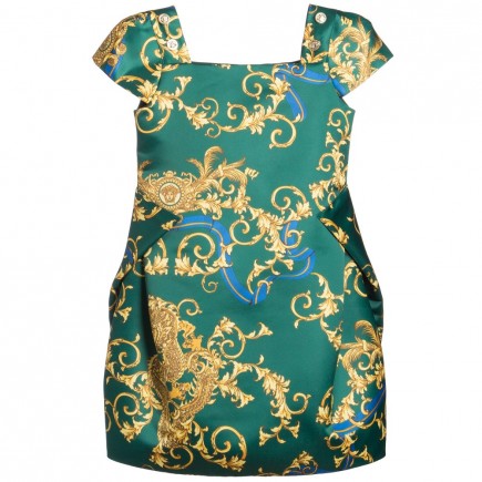 YOUNG VERSACE Green Satin Dress with Gold Dragon Print