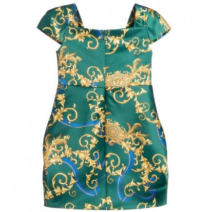 YOUNG VERSACE Green Satin Dress with Gold Dragon Print