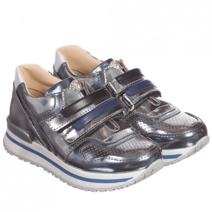 YOUNG VERSACE Unisex Silver Metallic Leather Trainers