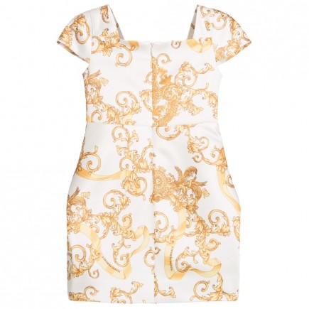 YOUNG VERSACE White Satin Dress with Gold Dragon Print